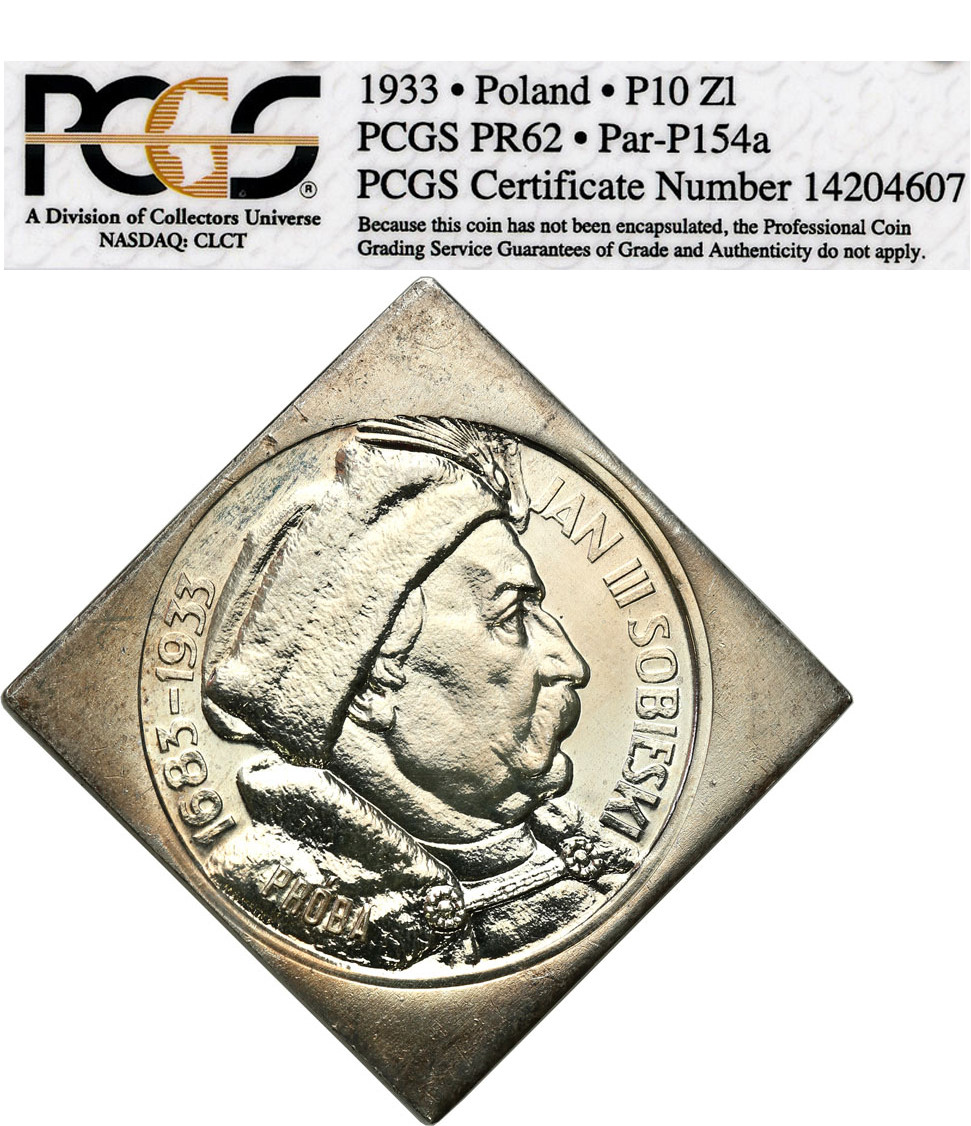 II RP. PRÓBA srebro 10 złotych 1933 klipa, Jan III Sobieski PCGS PR62 (2 MAX) LUSTRZANKA